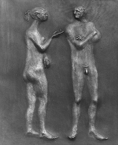 A bronze relief sculpture of a female and male nude entitled 