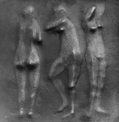 A bronze relief sculpture of three female nudes entitled 