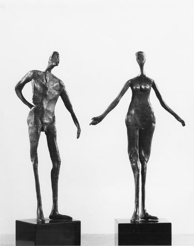 A bronze sculpture of a female and male nude by John Tuska. This is one of the Italy inspired bronzes created during and after Tuska's trip to Italy in 1969