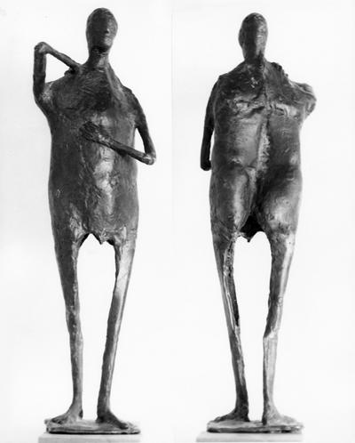 A front and back image of a bronze sculpture of a male nude with a Georgian marble base entitled 