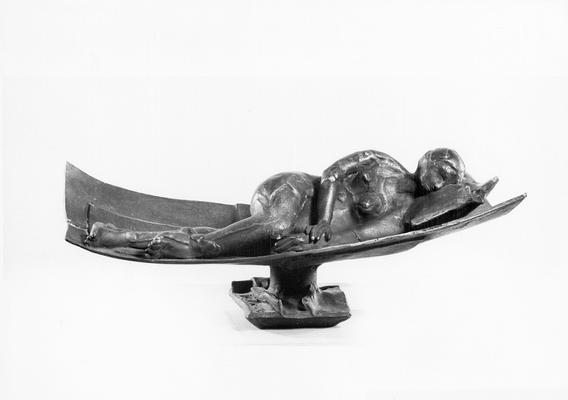 A bronze sculpture of a female nude lying down with a Georgian marble base entitled 