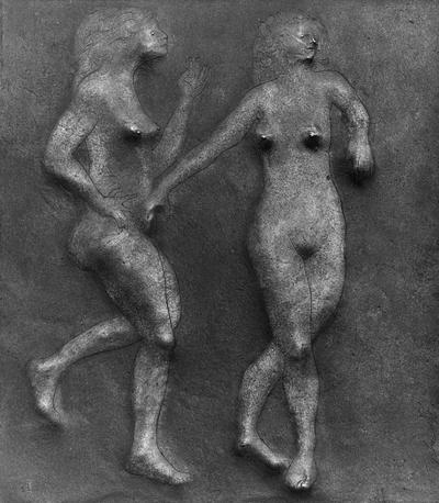 A bronze relief sculpture of two female nudes entitled 