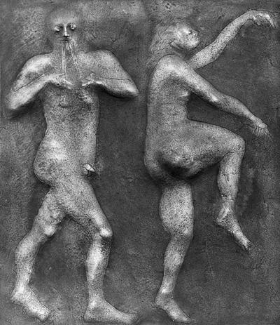 A bronze relief sculpture of a female and male nude entitled 