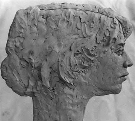A ceramic head of Stephen Tuska in profile, showing the right side, by John Tuska
