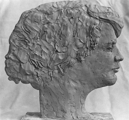 A ceramic head of Seth Tuska in profile, showing the right side, by John Tuska