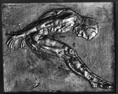 A fiberglass relief sculpture of a male nude by John Tuska