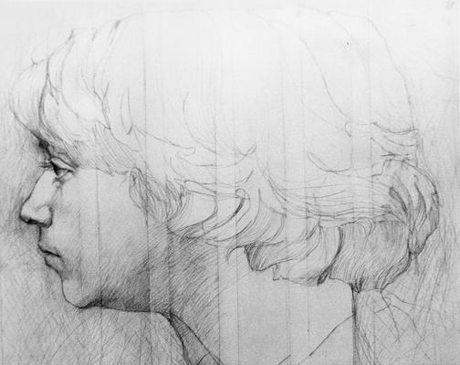 A pencil drawing of Stephen Tuska's head in profile by John Tuska