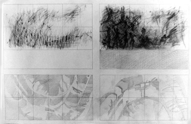 Four pencil drawings of various shapes by John Tuska