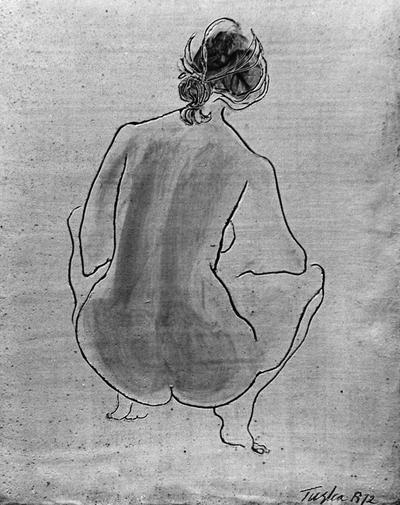A drawing on a ceramic tile of a woman's back entitled 