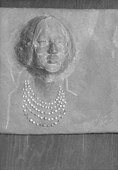 A ceramic tile relief of a woman with beads by John Tuska