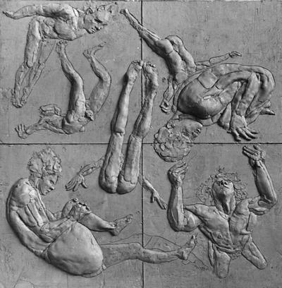A section of the ceramic relief of male nudes falling entitled 