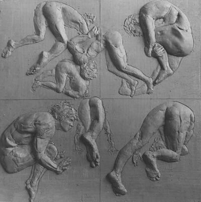 A section of the ceramic relief of male nudes falling entitled 