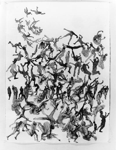 An ink wash study of numerous human figures by John Tuska