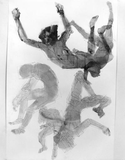 An ink wash figure study of five human forms by John Tuska