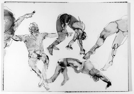 An ink wash figure study of five male nudes by John Tuska