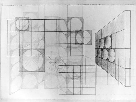 An ink wash study of circles and squares by John Tuska