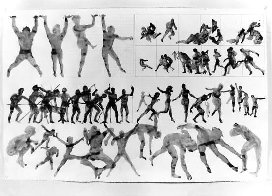An ink wash figure study of various human forms by John Tuska