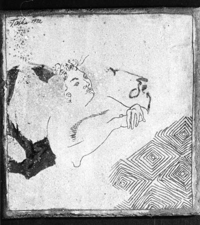 A drawing on a ceramic tile of a woman's face and arms entitled 