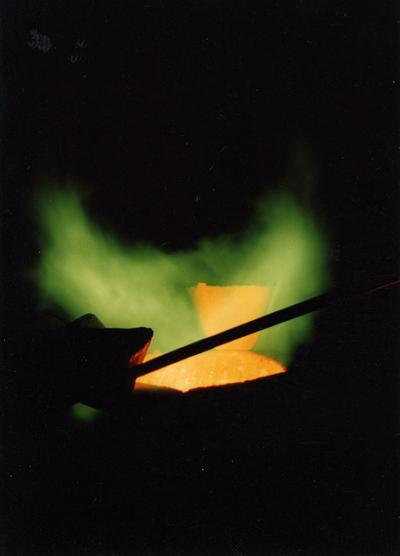 Bronze heating in the furnace at the University of Kentucky foundry for the casting of 