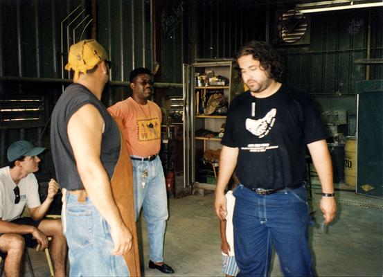 Jim Wade, Jack Gron, Gary Bibbs and an unidentified man at the University of Kentucky foundry during the casting of 