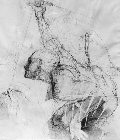 A pencil and ink drawing of a human figure bending over another human figure entitled 