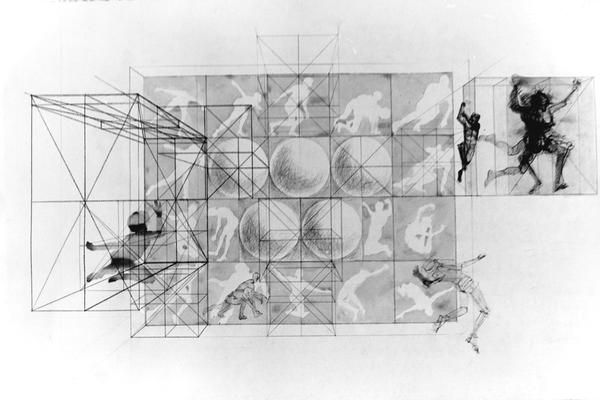 A pencil and ink drawing of human figures and shapes displayed at an unknown exhibit