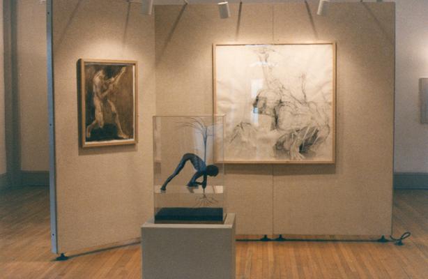 An ink wash drawing, a bronze figure sculpture and an ink drawing entitled 