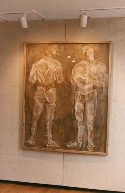 A pastel drawing of two male nudes in an exhibit entitled 