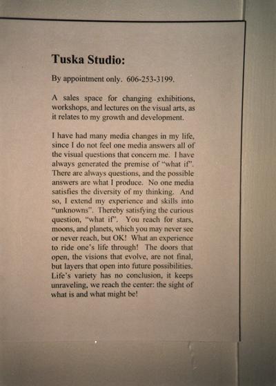 An image of a sign in the Tuska Gallery, which was the home of John Tuska, explaining Tuska's philosophy on art