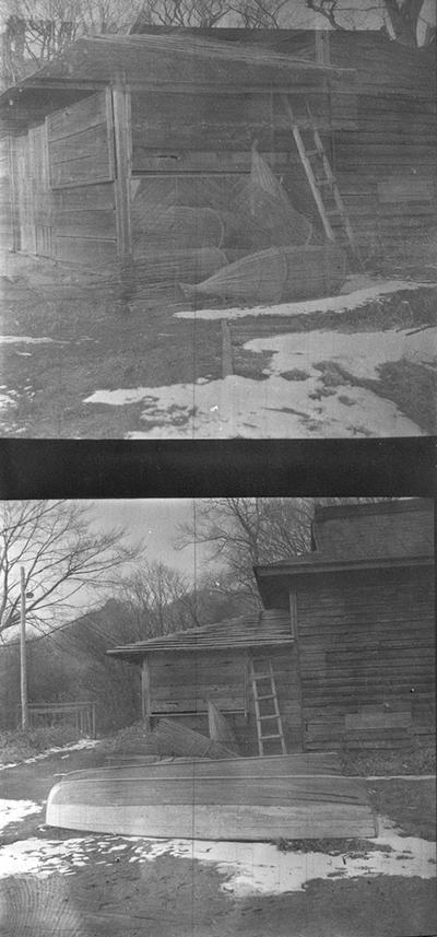 A proof sheet of two photographs of a wood house, taken by John Tuska while in the Navy