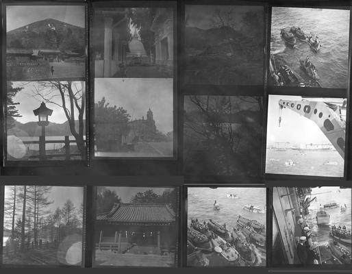 A proof sheet of twelve photographs of various people and landscapes in Japan, taken by John Tuska while in the Navy