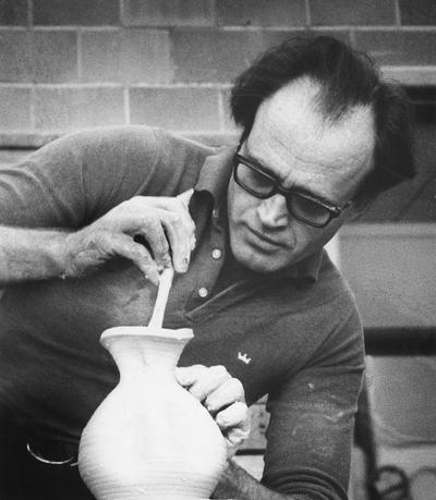 An image John Tuska working on a pot at the University of Kentucky art studio. The photograph was taken by Shirley W. Schweet