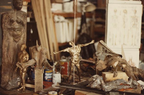 Various bronze sculptures in John Tuska's art studio. The photograph was taken by Ted Bronda