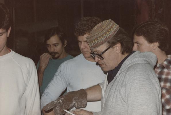 John Tuska and four students in the University of Kentucky foundry. The photograph was taken by Zig Gierlach