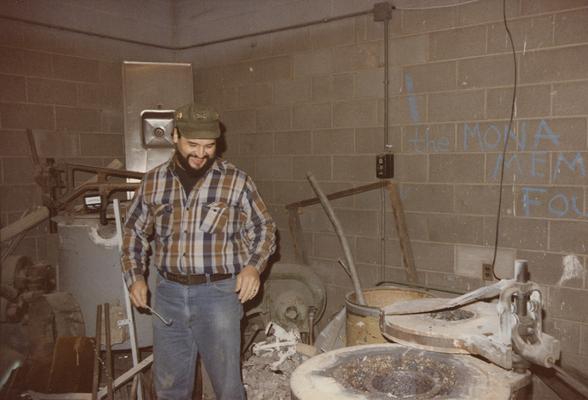 Jack Gron near the furnace in the University of Kentucky foundry. The photograph was taken by Zig Gierlach