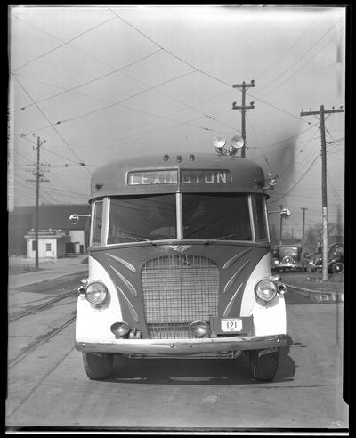 Southeastern Greyhound Lines; front view of bus #512, exterior of brick building (801 North Limestone)