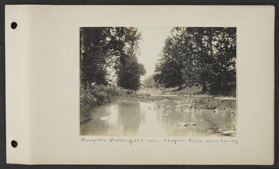 Eleven ducks swimming near a bucket in a river, notation                          Perryville Battlefield 1907 Chapin River above spring