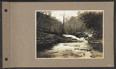 Two creeks converging to one, large rock in center and on right bank