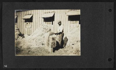 Man running hemp over wooden blocks with large spikes, large piles of hemp