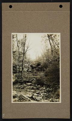 View up side of rocky ravine, possibly dried up river bed