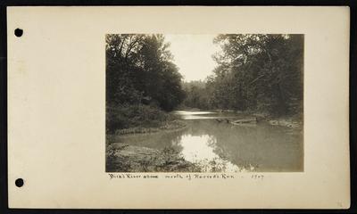 Calm section of river, large flat rock in water with fallen branches, fallen tree in background, notation                          Dick's River above mouth of Harrod's Run 1907