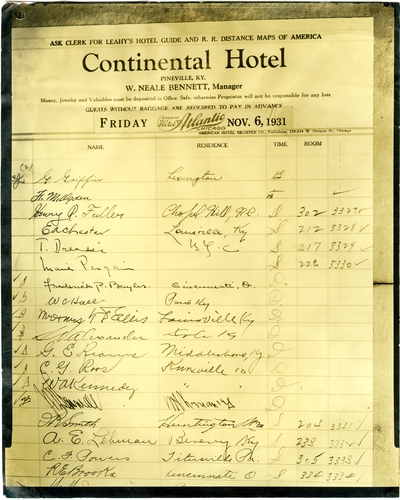 Photographic copy of signatures in Continental Hotel registry, including those of Charles Rumford and Adelaide Walker, John dos Passos, Theodore Dreiser, and Marie Pergain