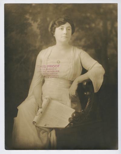 Portrait proof of Cora Wilson Stewart sitting in a chair