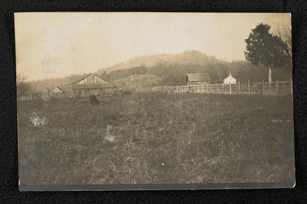 View of open field with farm buildings and farm animals in the distance, location unknown