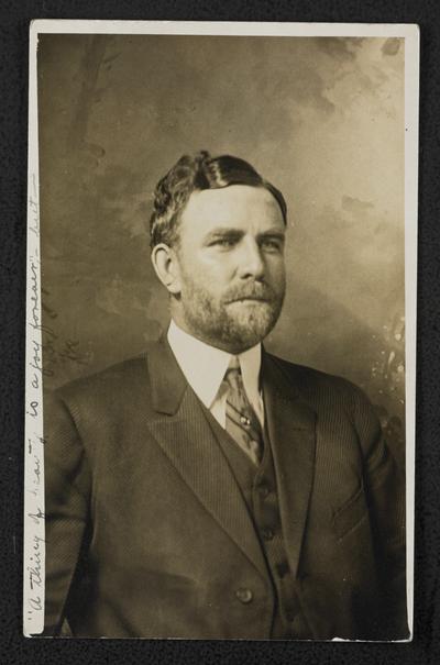 Male, unidentified. The back of the photograph reads: July 11, 1914. To the Queen of the Mountains from a loyal subject. N.B.S