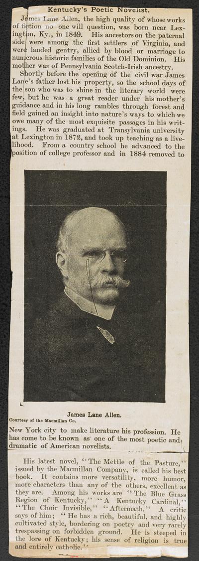 photograph with newspaper clipping of Kentucky's Poetic Novelist, James Lane Allen