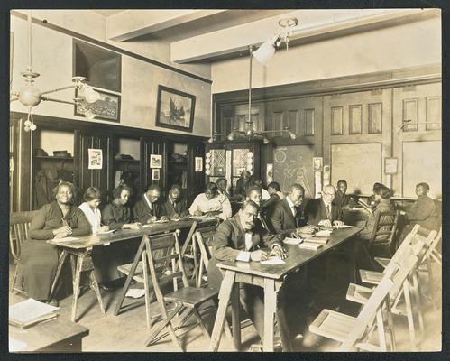 Pennsylvania students. Back of the photograph reads: Philadelphia Night School, Class of Beginners. 1930. A group of negro students making a start to live in a big city- Philadelphia