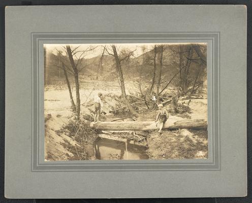 Two unientified boys at a creek, one is standing on a log, the other sitting and holding a frog. The back of the photograph reads: Frog hunting