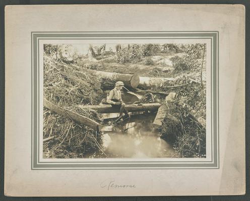 Unidentified young boy sitting on a log, holding his rifle and looking at a dead bird. The bottom of the photograph reads: Remorse