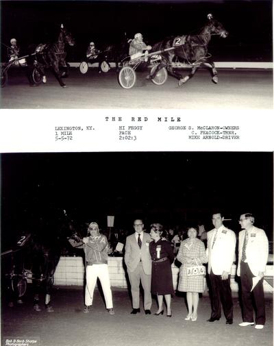 Horses; Harness Racing; Winner's Circle; Hi Peggy winning the race & Hi Peggy and owners in the Winner's Circle, 1972